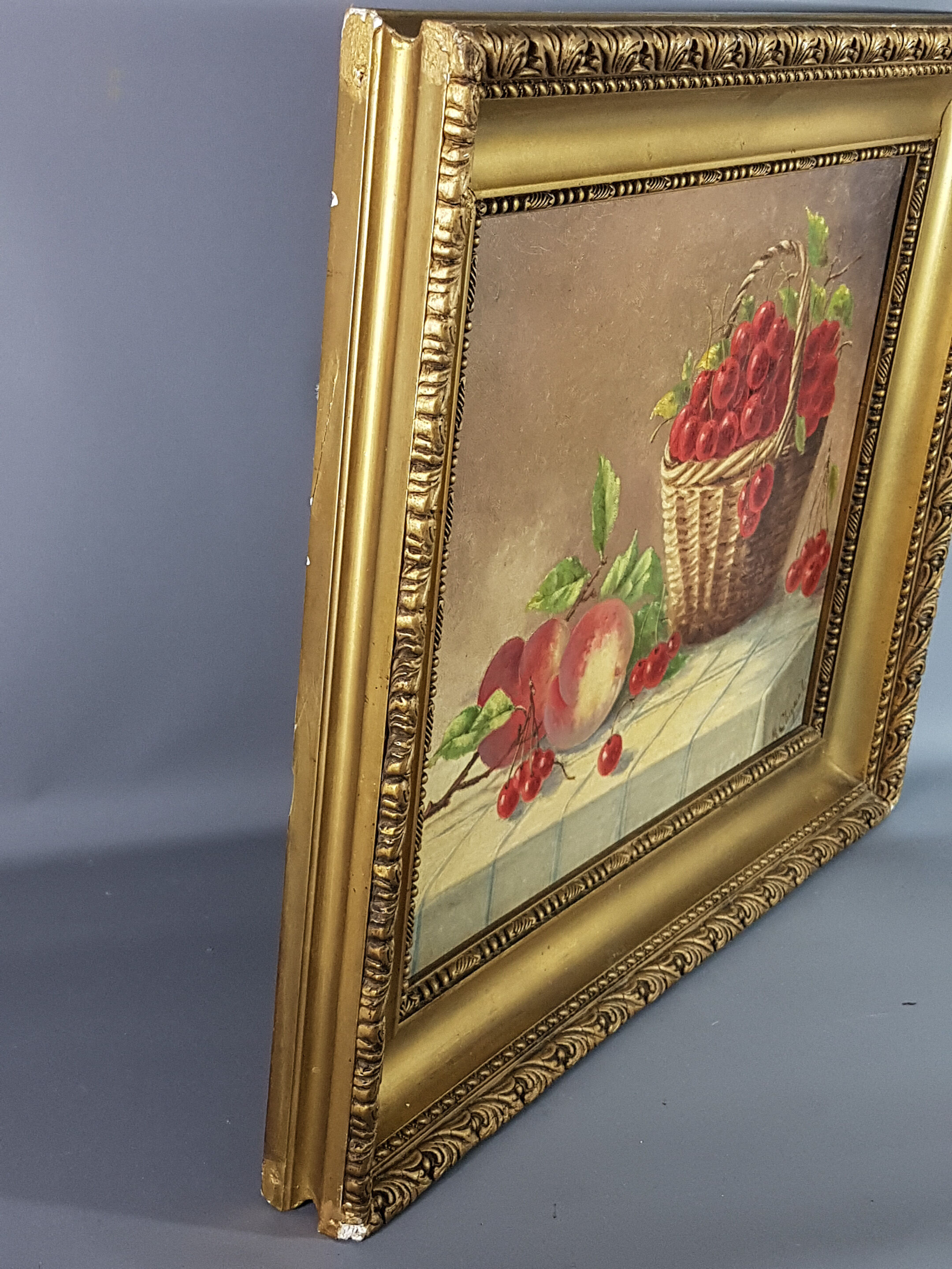Ancient still life with cherries - peaches Oil on canvas 59x50 cm