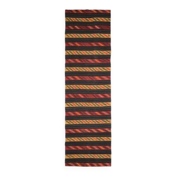 Tapis kilim vintage turc Oushak fait main en laine et coton rouge 118x430