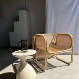 Amsterdam rattan armchair with U-shaped armrest, squared canework