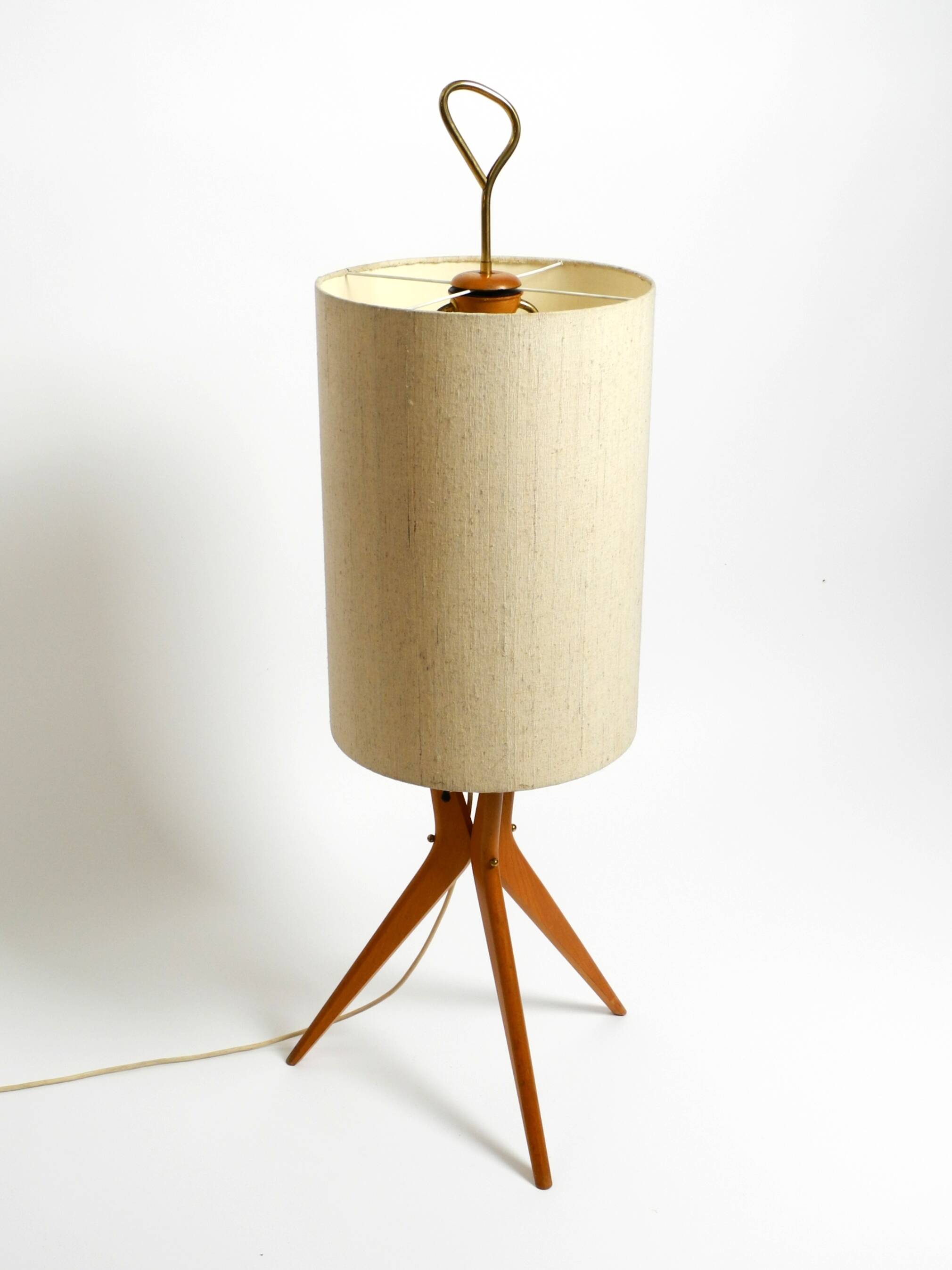 Mid Century Modern tripod walnut wood floor lamp with large fabric shade