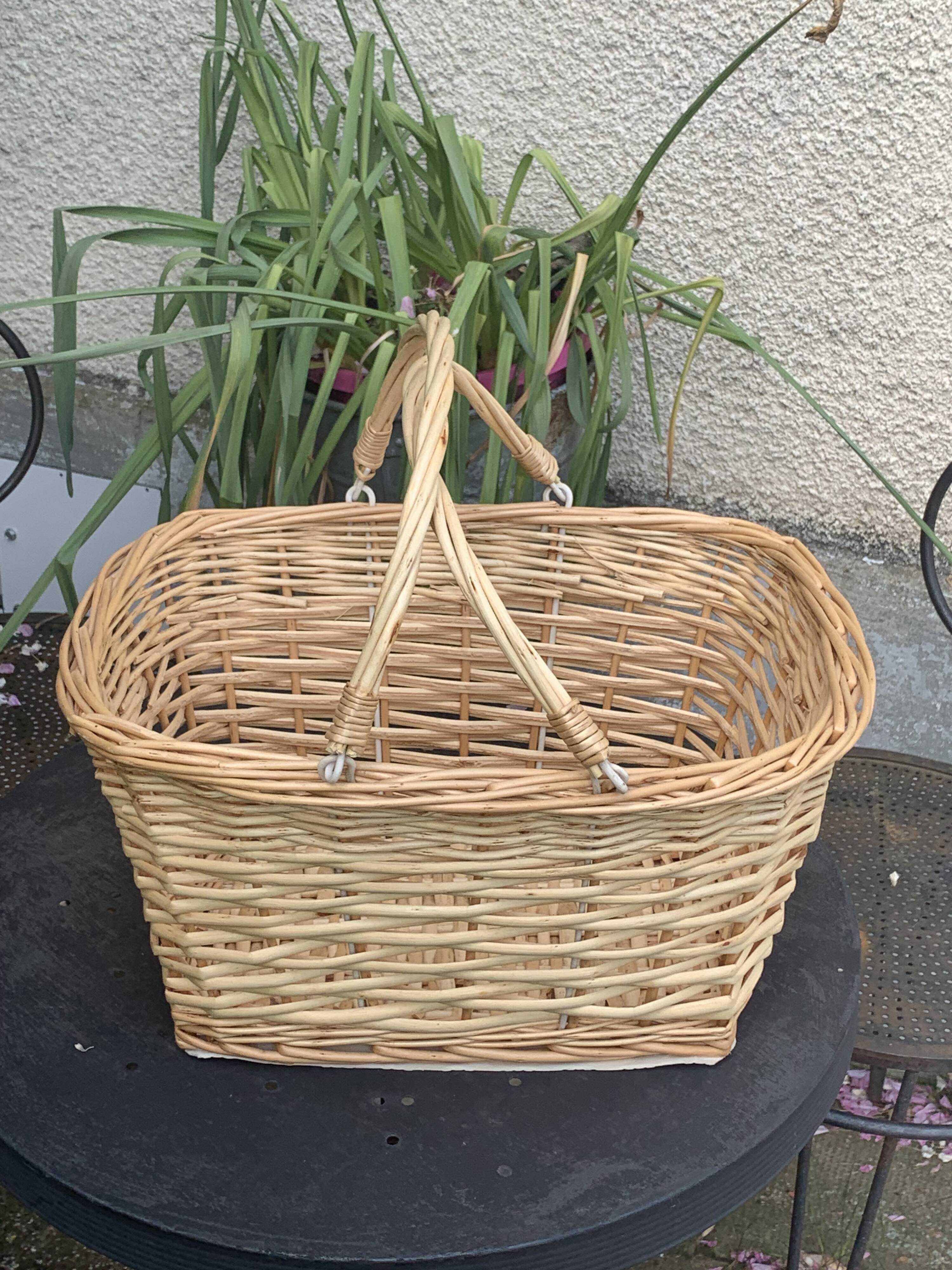 Rattan basket, woven wicker, with two vintage handles