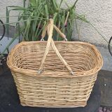 Rattan basket, woven wicker, with two vintage handles