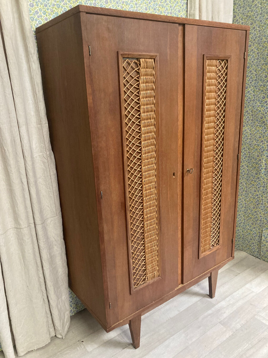 Vintage wood and rattan cabinet