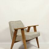 Vintage armchair rustic oak wood herringbone pattern fabric design by Chierowski
