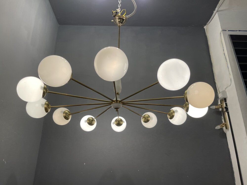 Opaline glass & brass sputnik chandelier with 12 lights, 1970s