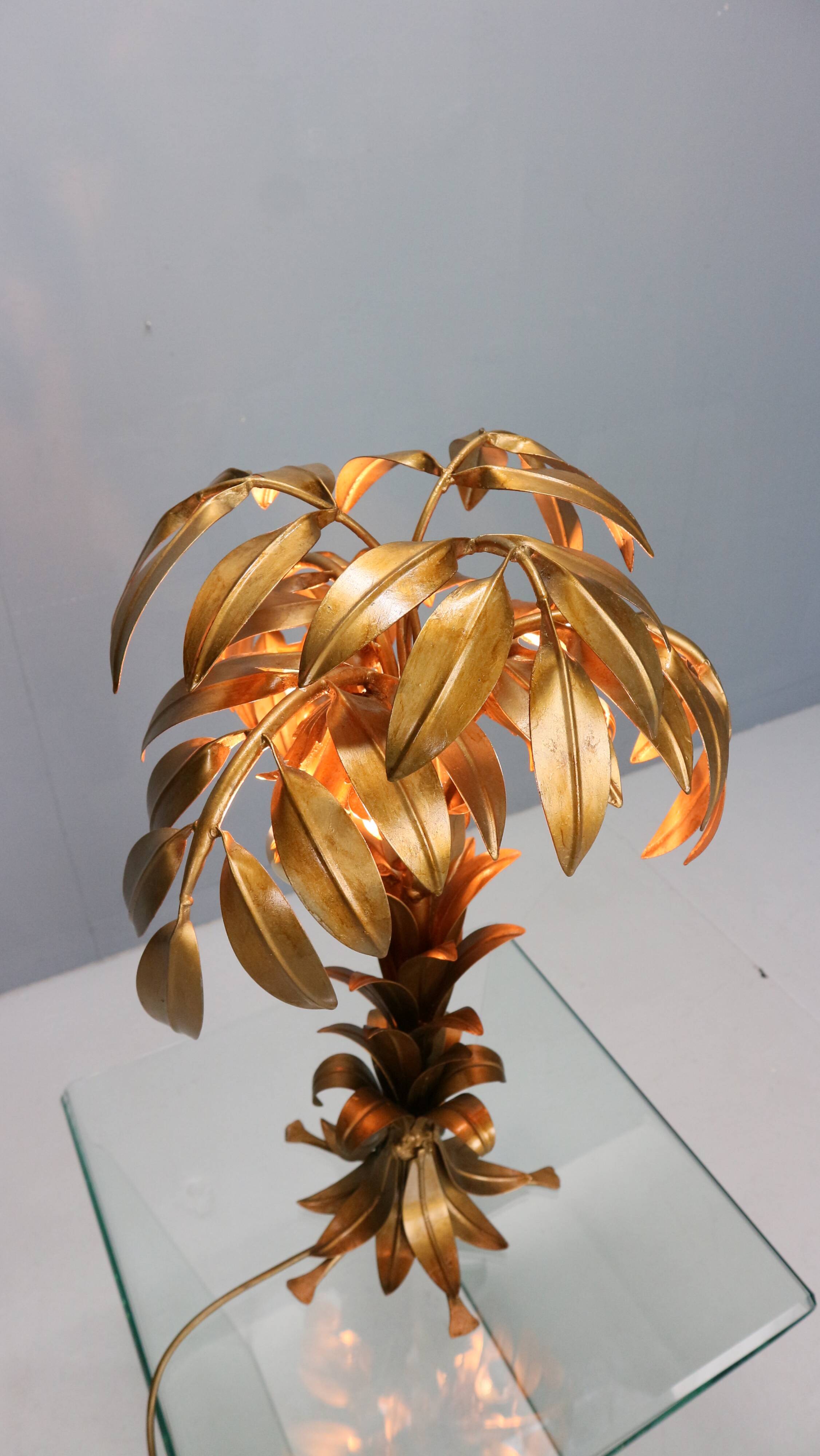 Hollywood regency Hans Kogl palm tree table lamp metal gold gilt 1970