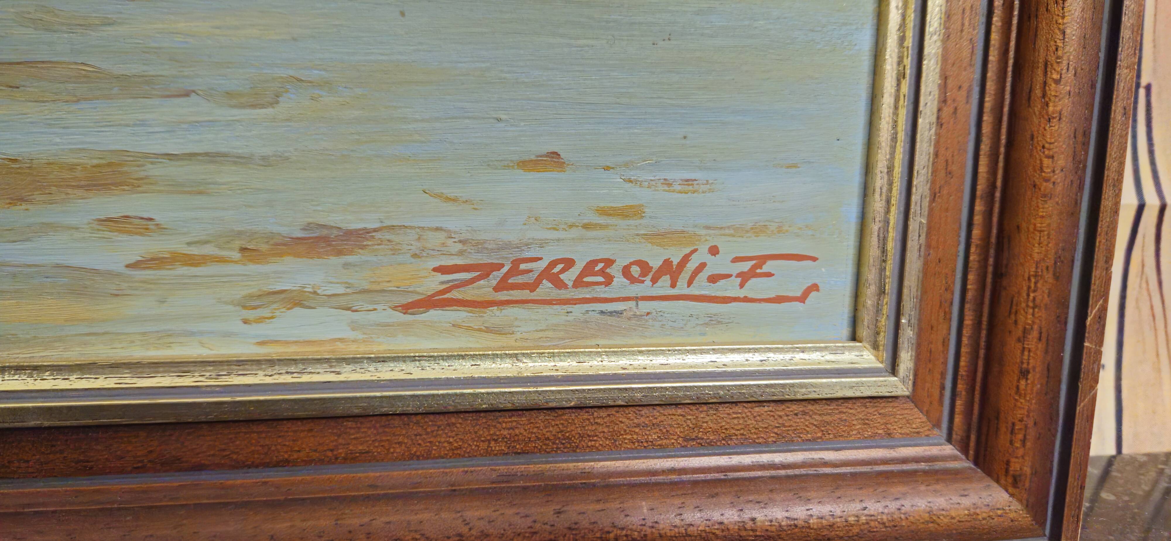 F. Zerboni – Animated Lakeside Landscape – Oil on Panel – Mid 20th Century