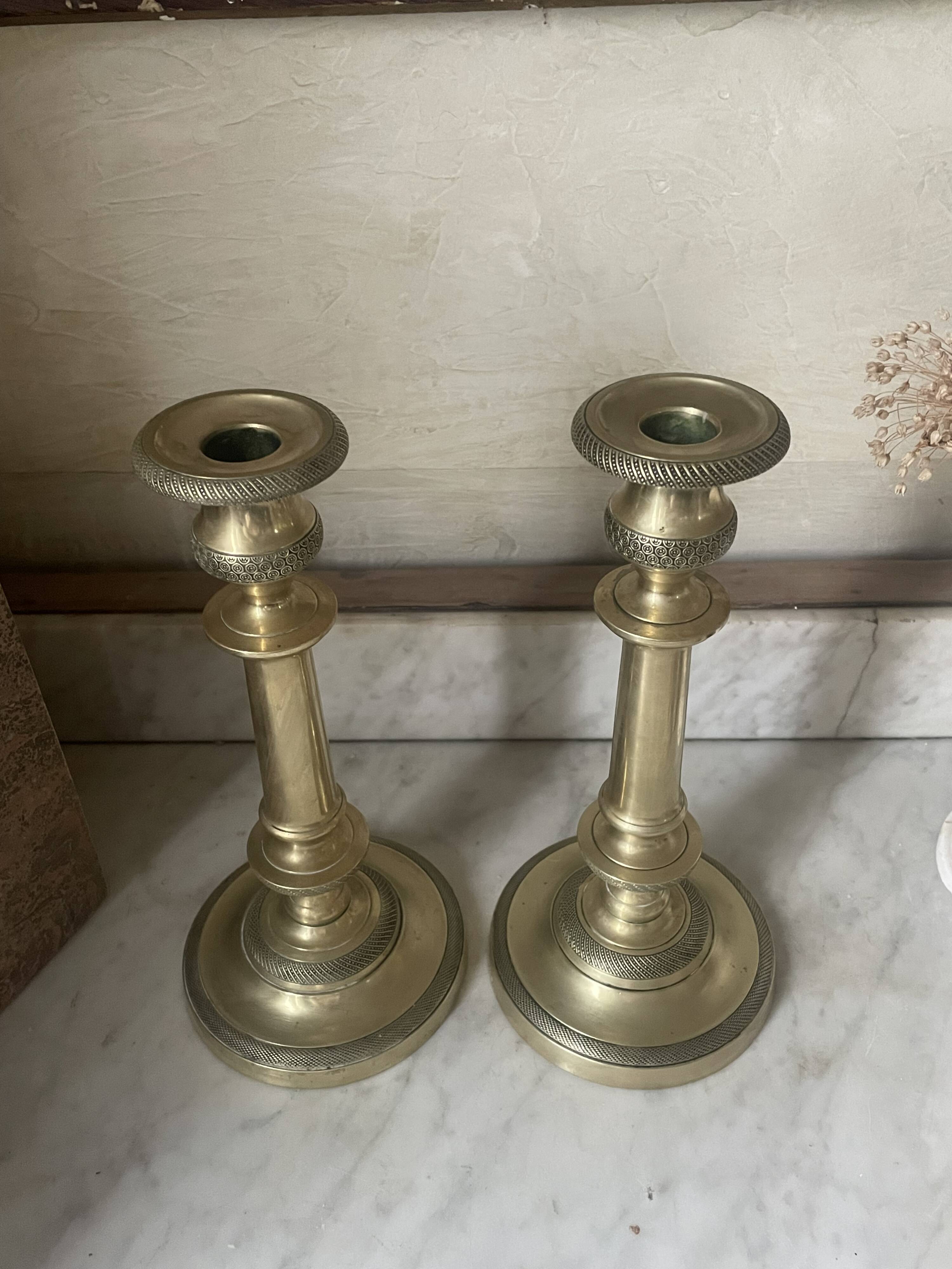 Pair of 19th century guilloche brass candlesticks
