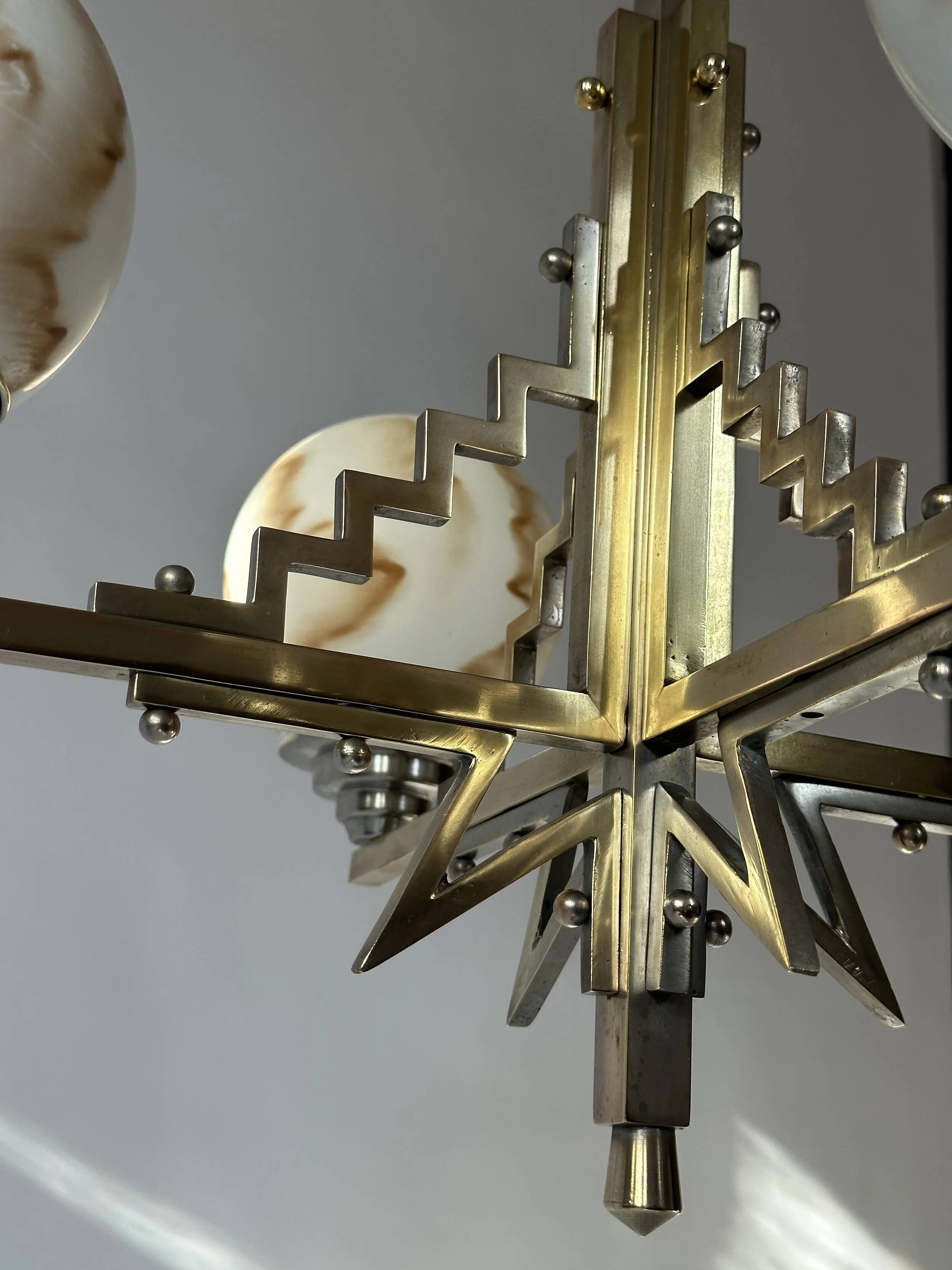 1930's brass and nickel Art Deco chandelier