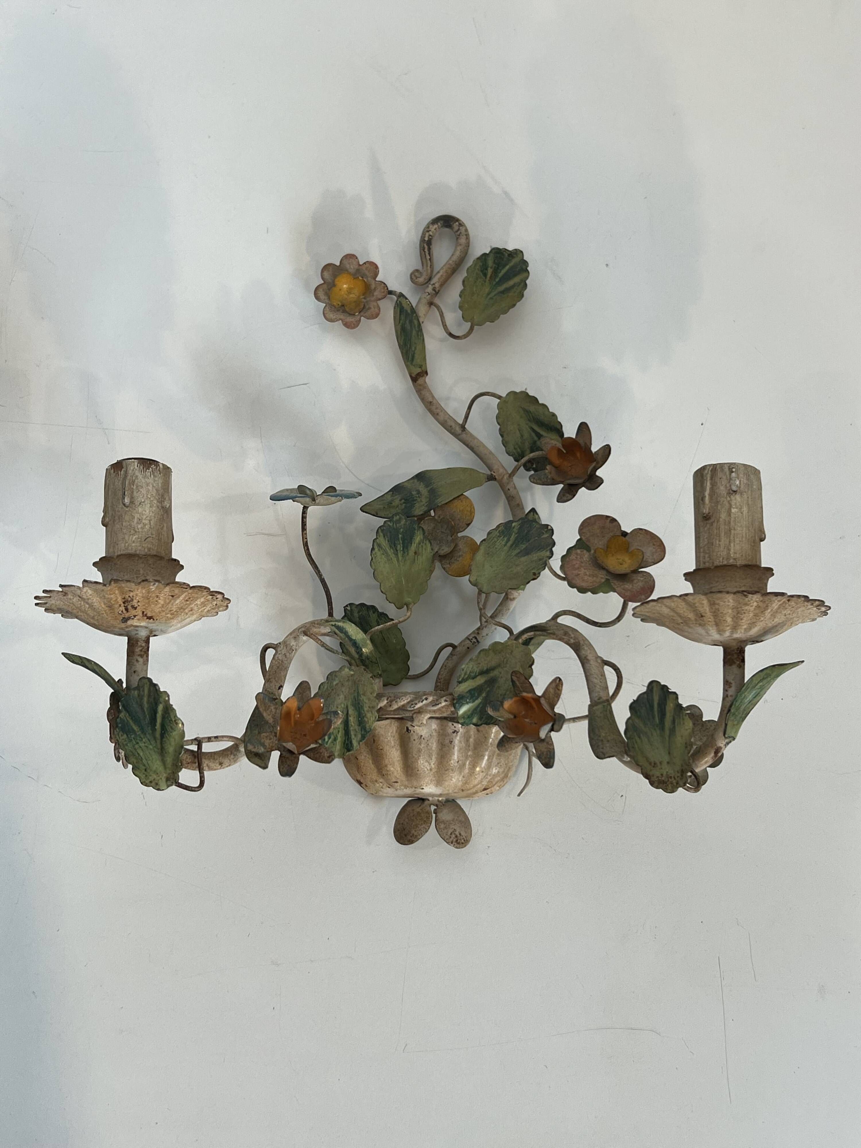 Pair of Wall Lights with Floral Basket in Painted Sheet Metal. Italian Work. Circa 19.