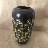 Large dark green earthenware vase/khaki geometric patterns vintage