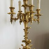 Pair of gilded bronze candlesticks, marble bases.