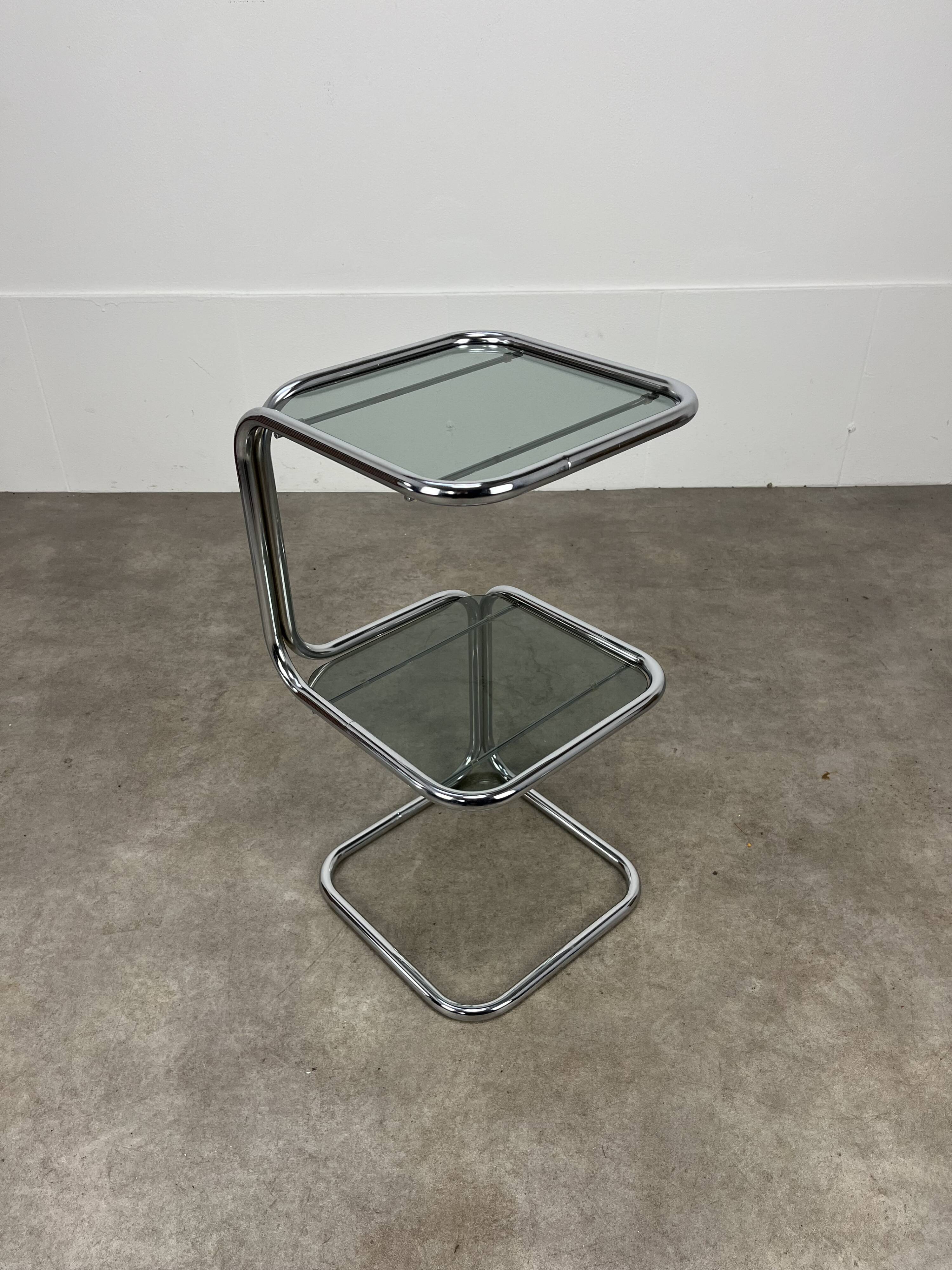 70s pedestal table, chrome and smoked glass side table
