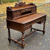 19th-century Renaissance carved oak desk with chair