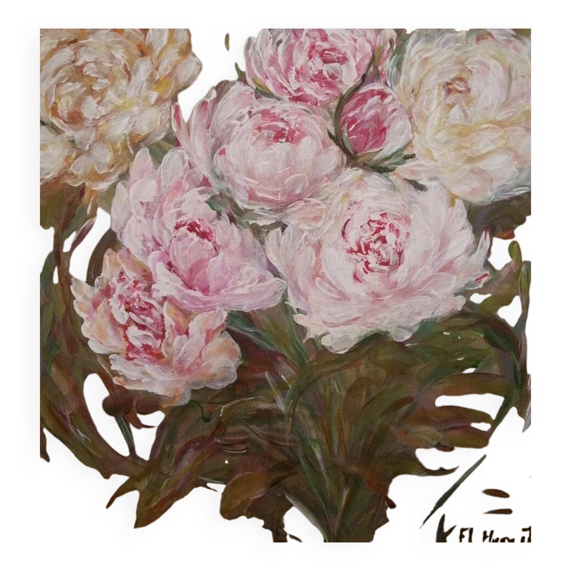 Peony bouquet painting signed and delivered with its certificate