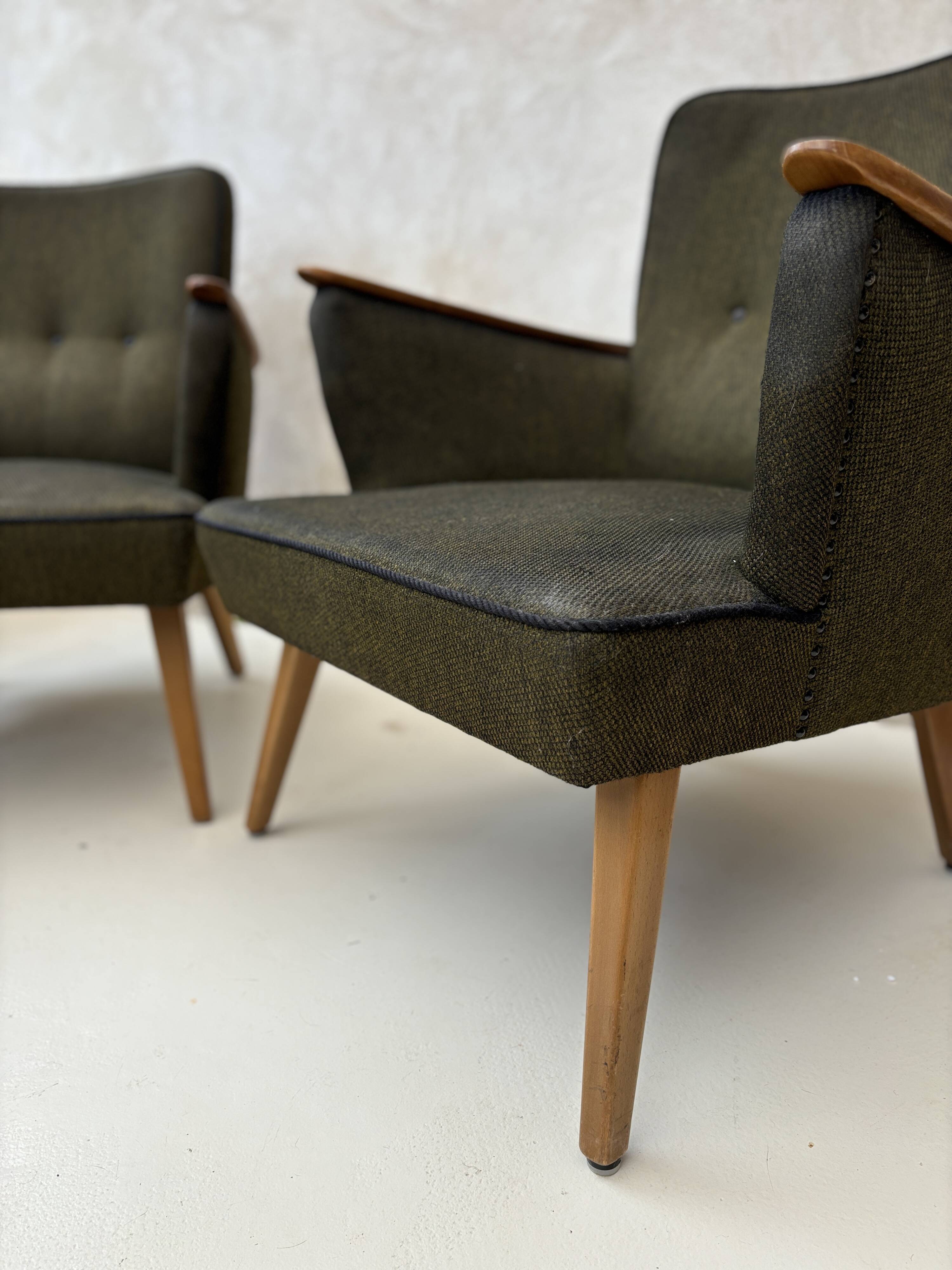 Pair of vintage wooden and fabric armchairs from the 1960s.