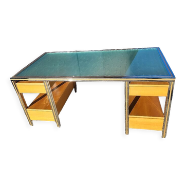 Bureau vintage design verre chrome double face en hêtre