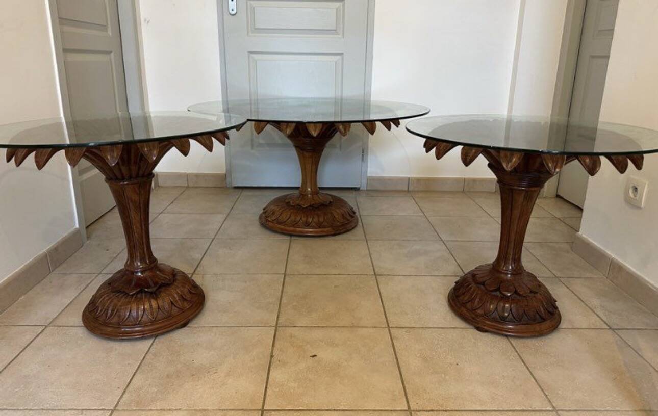 Set of 3 vintage coffee tables in carved wood and glass – floral pattern
