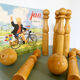 Set of 7 vintage wooden skittles and two balls