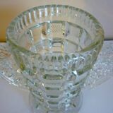 Thick, molded glass ear vase, art deco period and style, stylized leaves and grapes