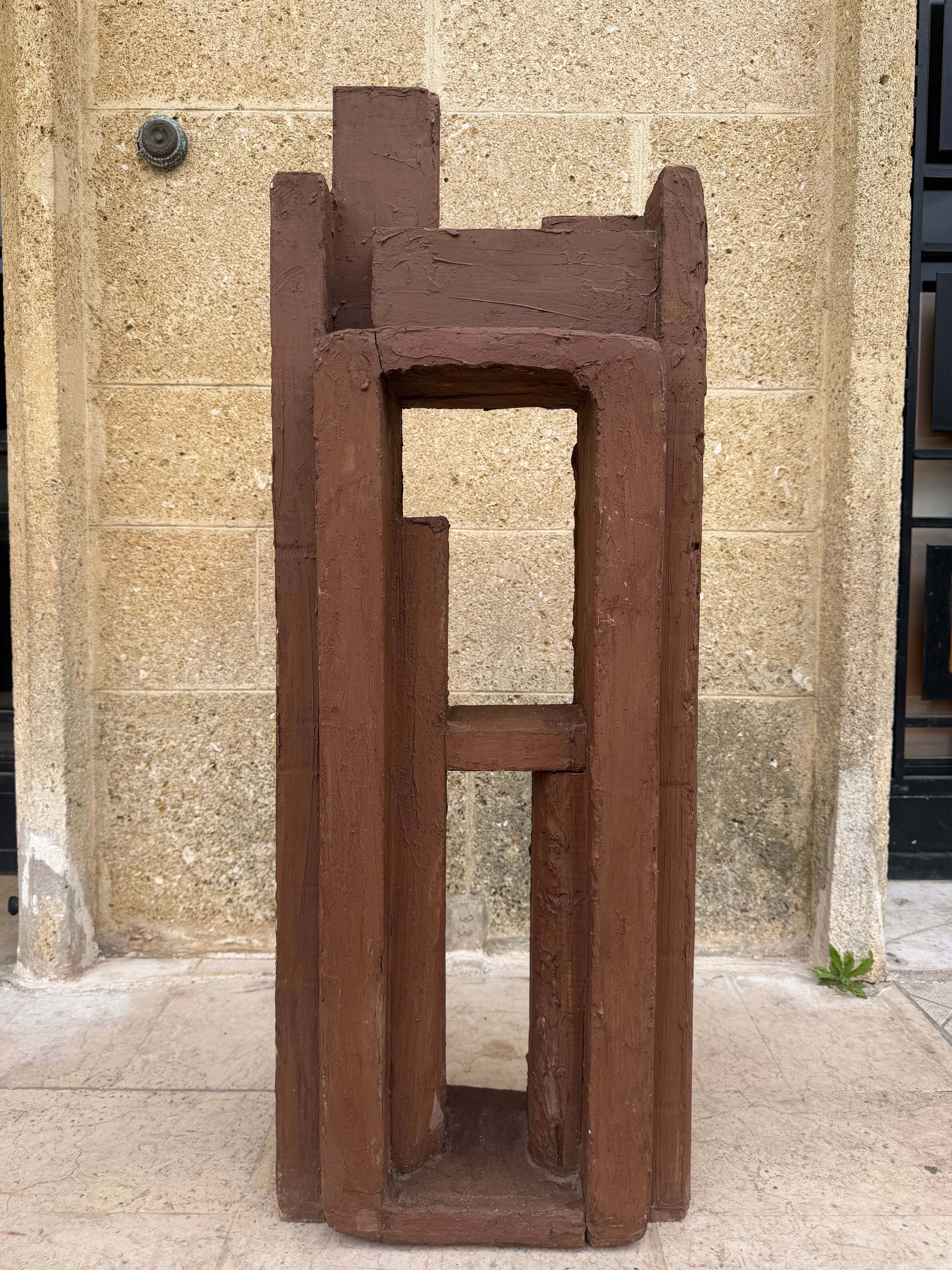 Superb postmodern brutalist sculpture in wood, metal, and material.