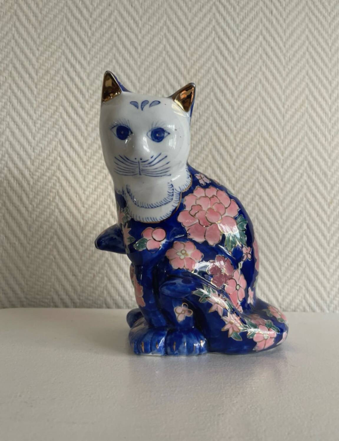 Large Vintage Chinese Blue and Pink Floral Ceramic Cat