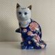 Large Vintage Chinese Blue and Pink Floral Ceramic Cat