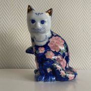 Large Vintage Chinese Blue and Pink Floral Ceramic Cat