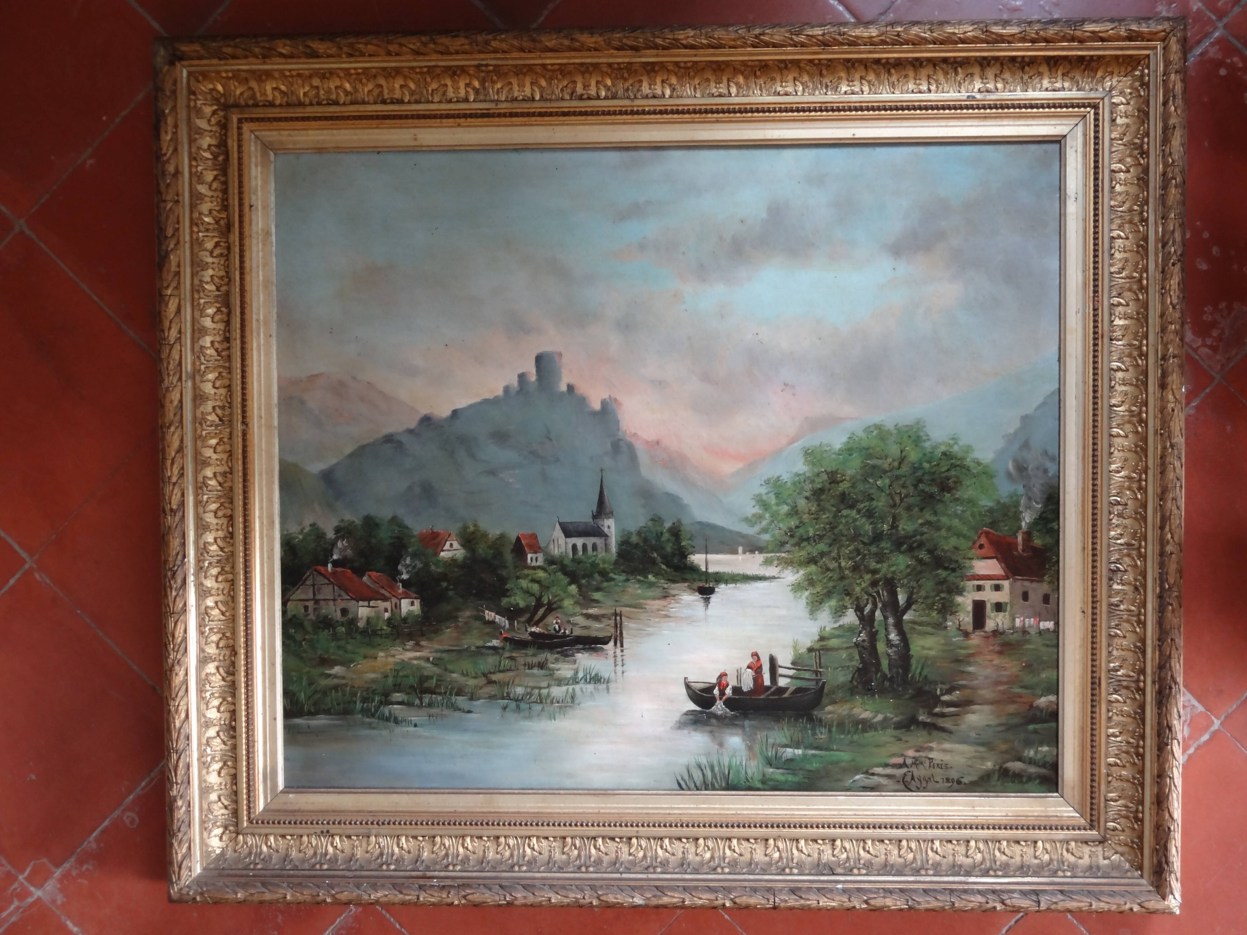 Animated landscape, washerwomen by the river, 81 x 70 cm, Oil on canvas XIXth by E. AYGAL