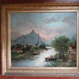 Animated landscape, washerwomen by the river, 81 x 70 cm, Oil on canvas XIXth by E. AYGAL