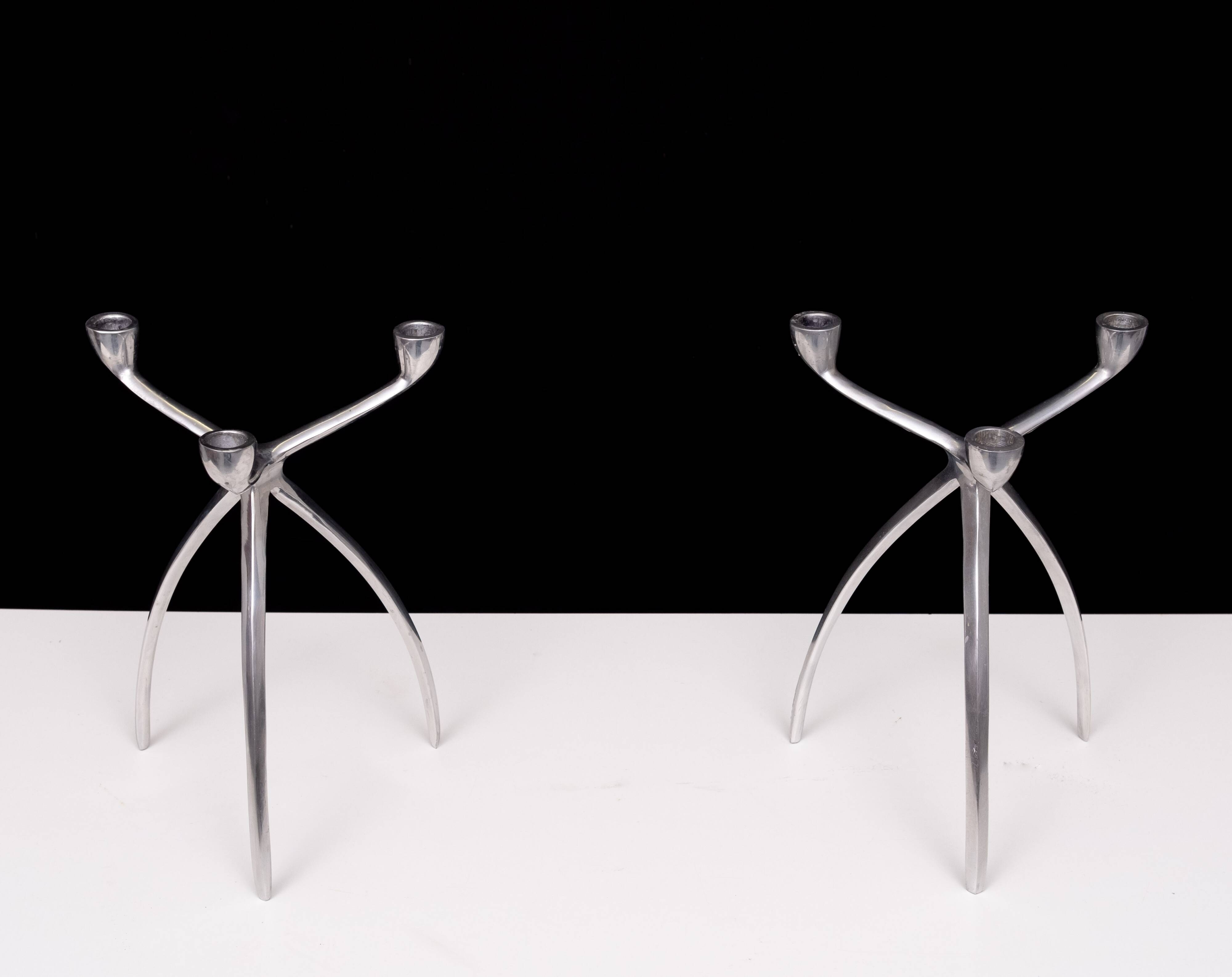 Pair aluminum 3 arms spider candle sticks de bijenkorf 1970s