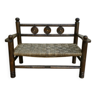 Banquette en bois et corde, années 50, Dudouyt