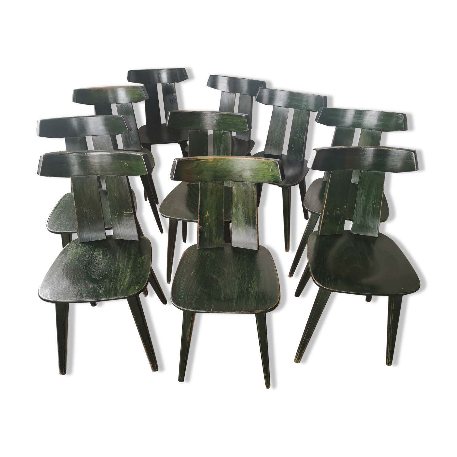 Set of 10 wooden bistro chairs