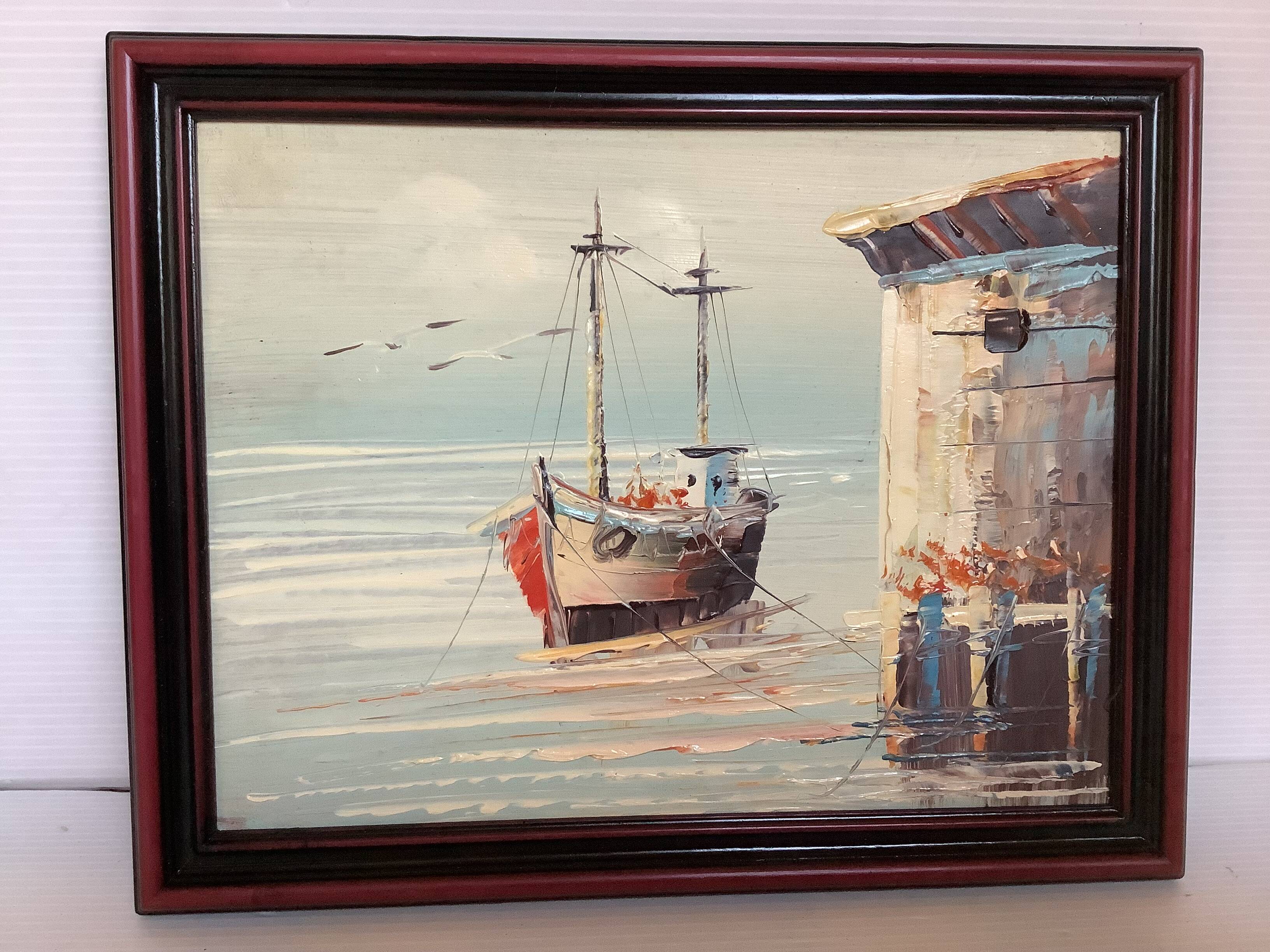 Small marine painting of a boat in oil on panel.