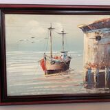 Small marine painting of a boat in oil on panel.