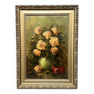 Jacques Maes (1905-1968). Nature morte signée "Roses". Huile sur toile.