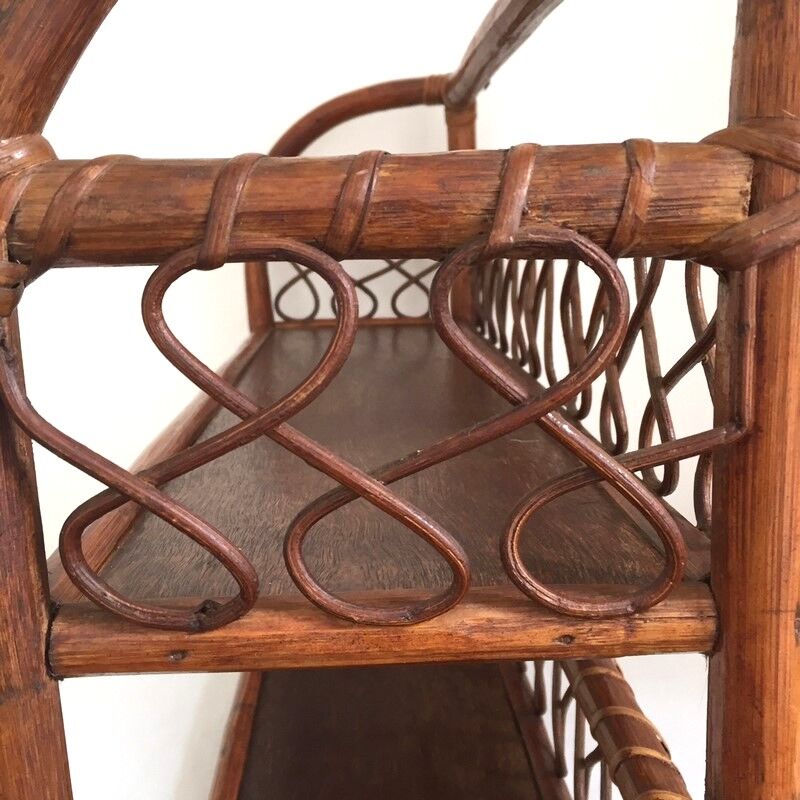 Wall shelf in wood, cannage and rattan from the 60s