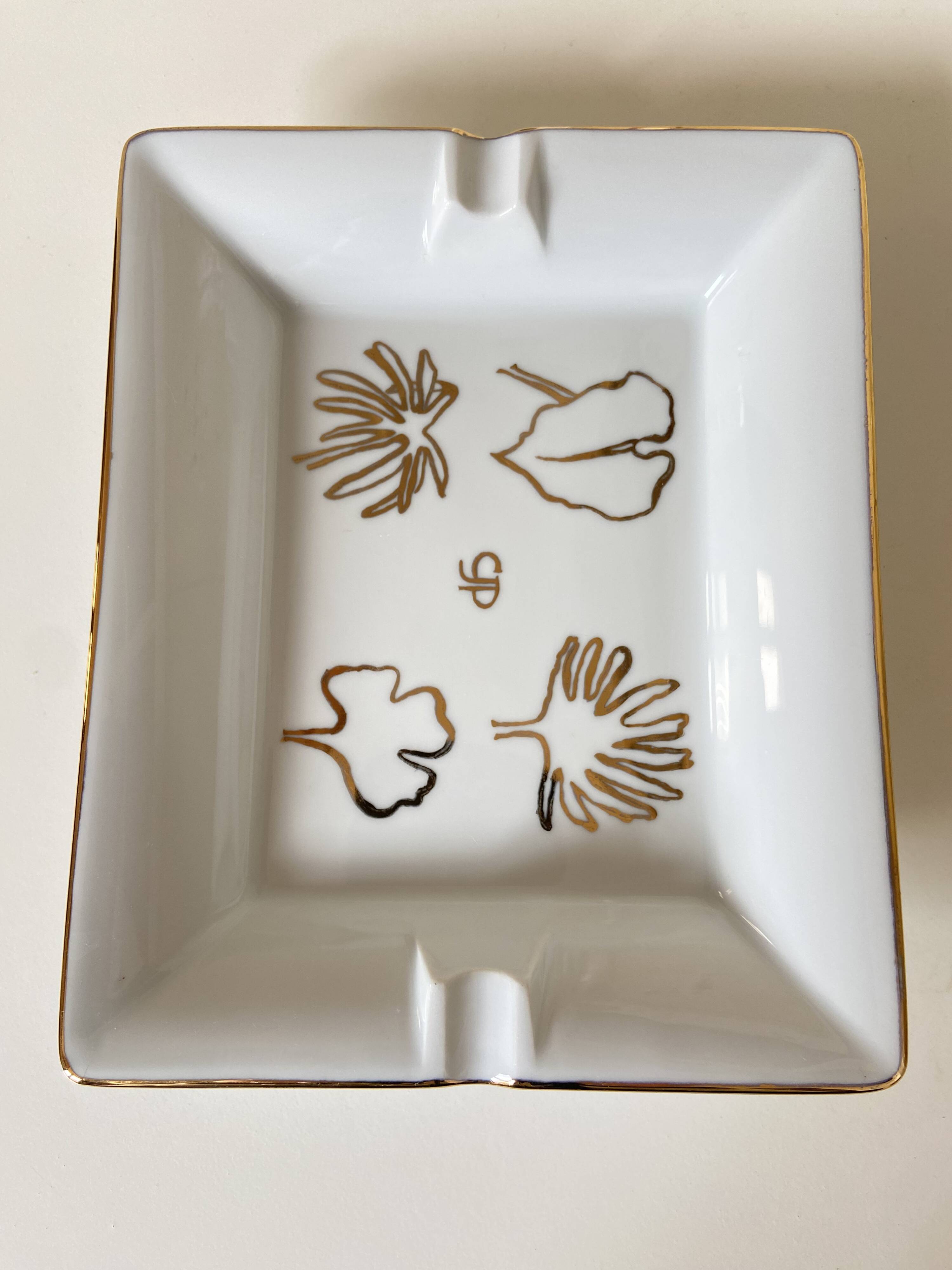 Old rectangular Limoges Porcelain Ashtray: Leaf designs signed GP