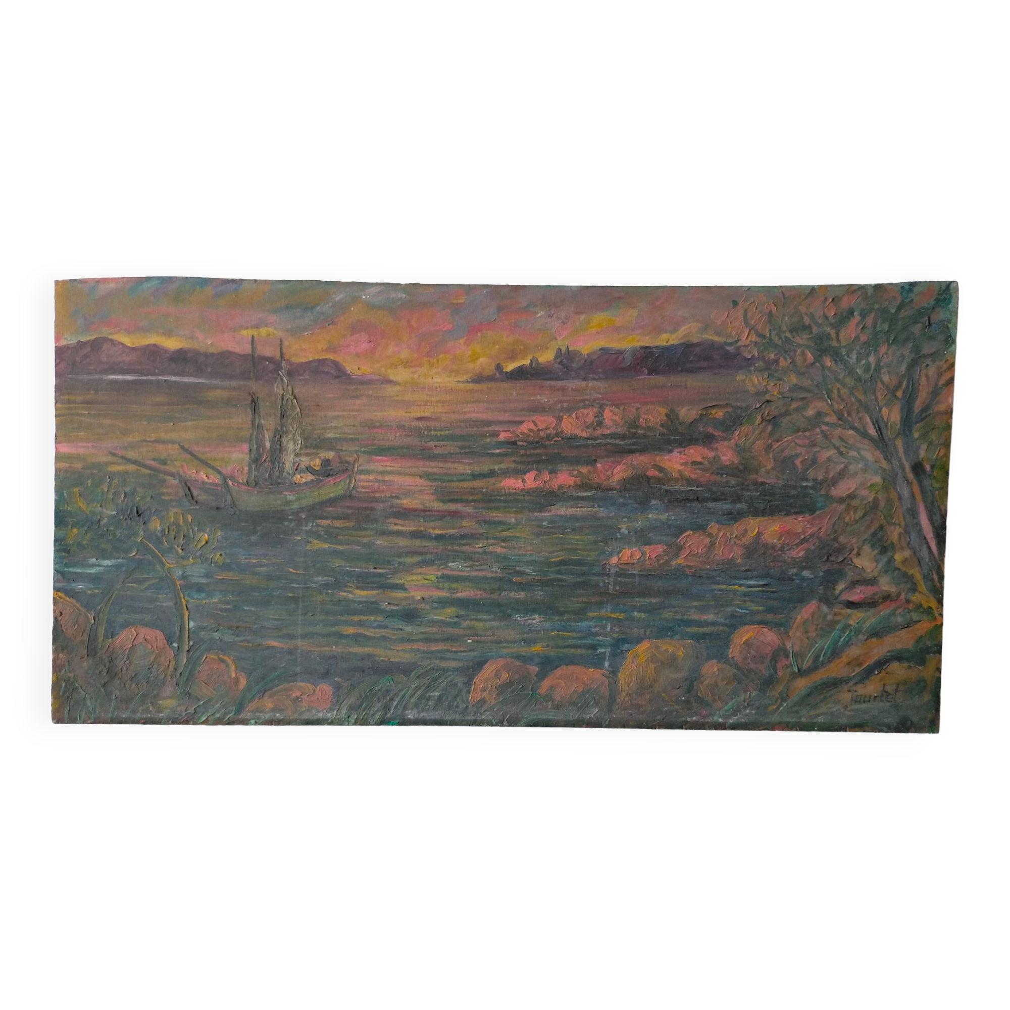 Oil on panel signed tourtet coastal landscape sailboat