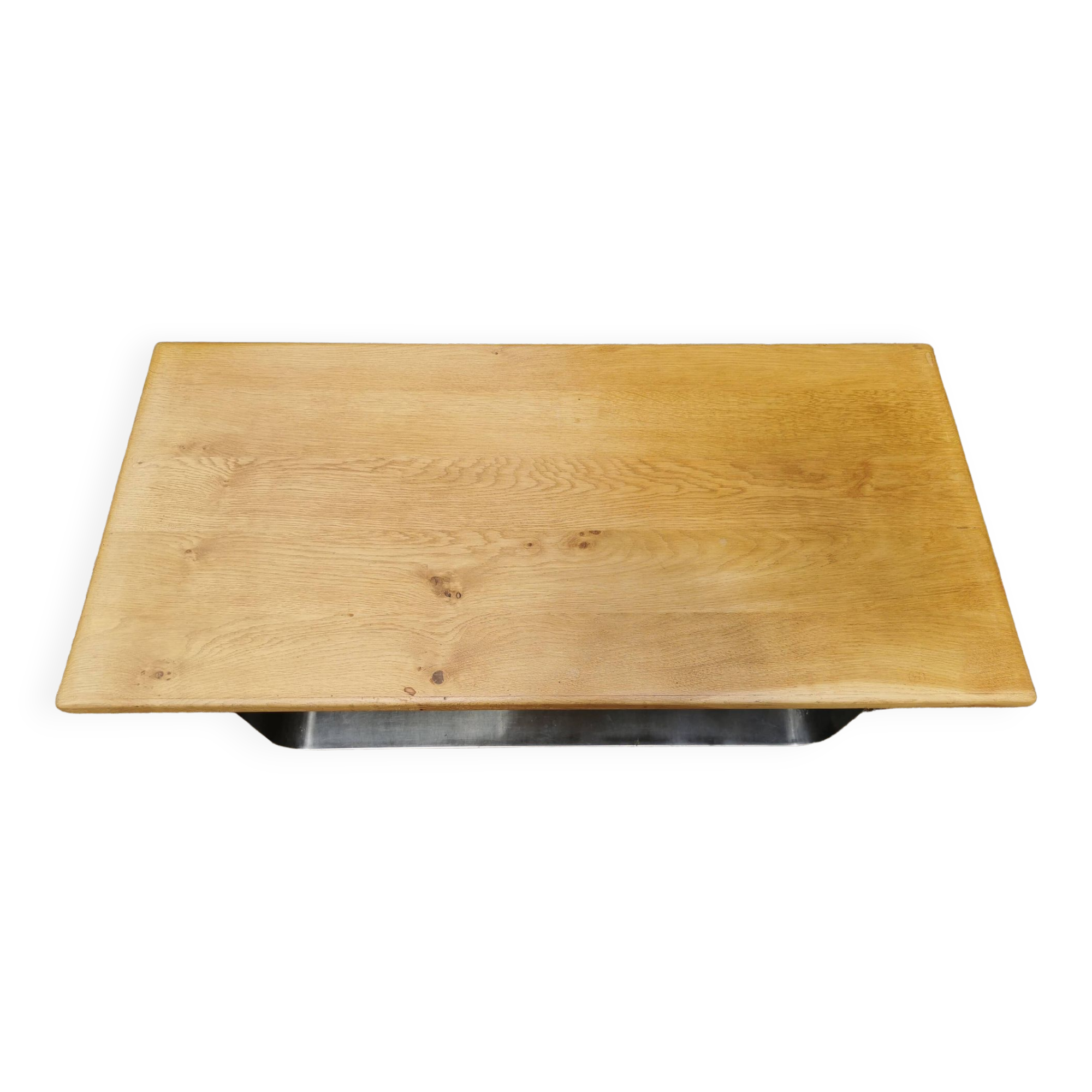 Designer coffee table in brushed stainless steel and light-tinted solid oak top