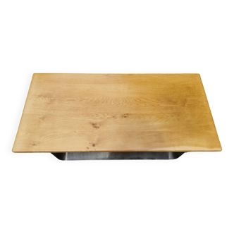 Designer coffee table in brushed stainless steel and light-tinted solid oak top