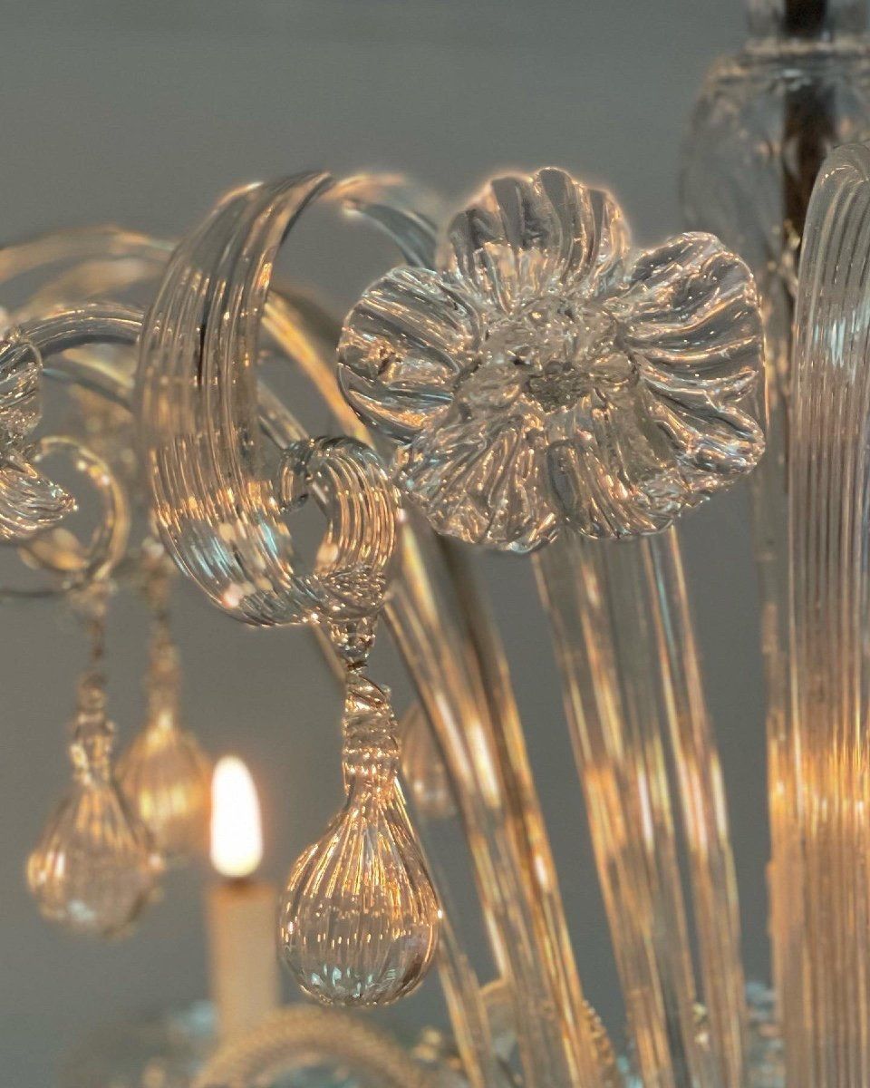 Venetian chandelier in colorless Murano glass, 12 arms of light