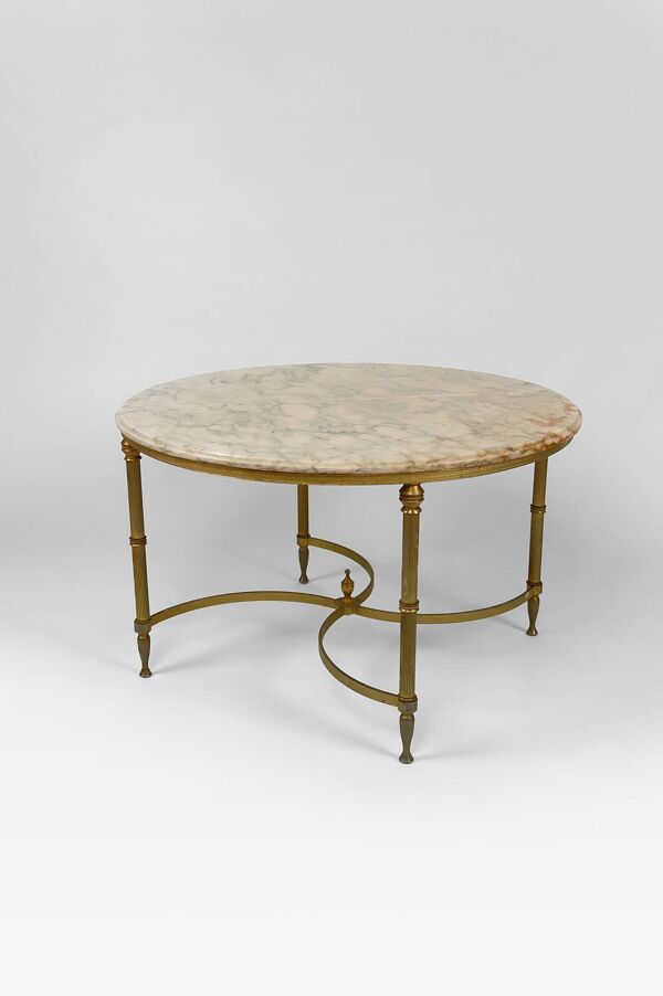Table basse ronde néoclassique, Laiton et Marbre, France, circa 1960