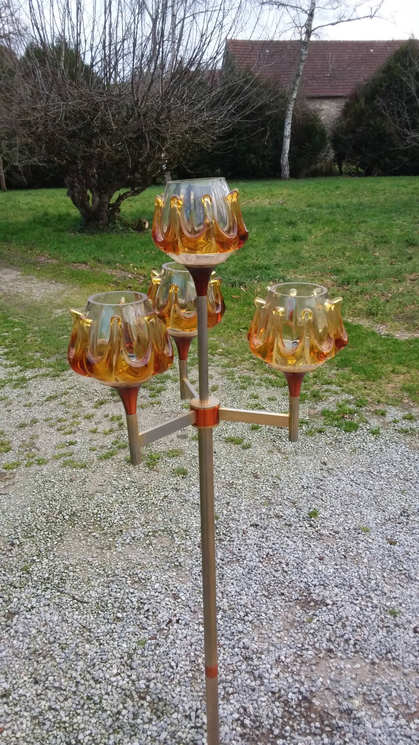 1970s design floor lamp in gold and orange chrome metal with 4 glass tulips