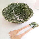 Vintage salad bowl in dabbling cabbage leaf and cutlery