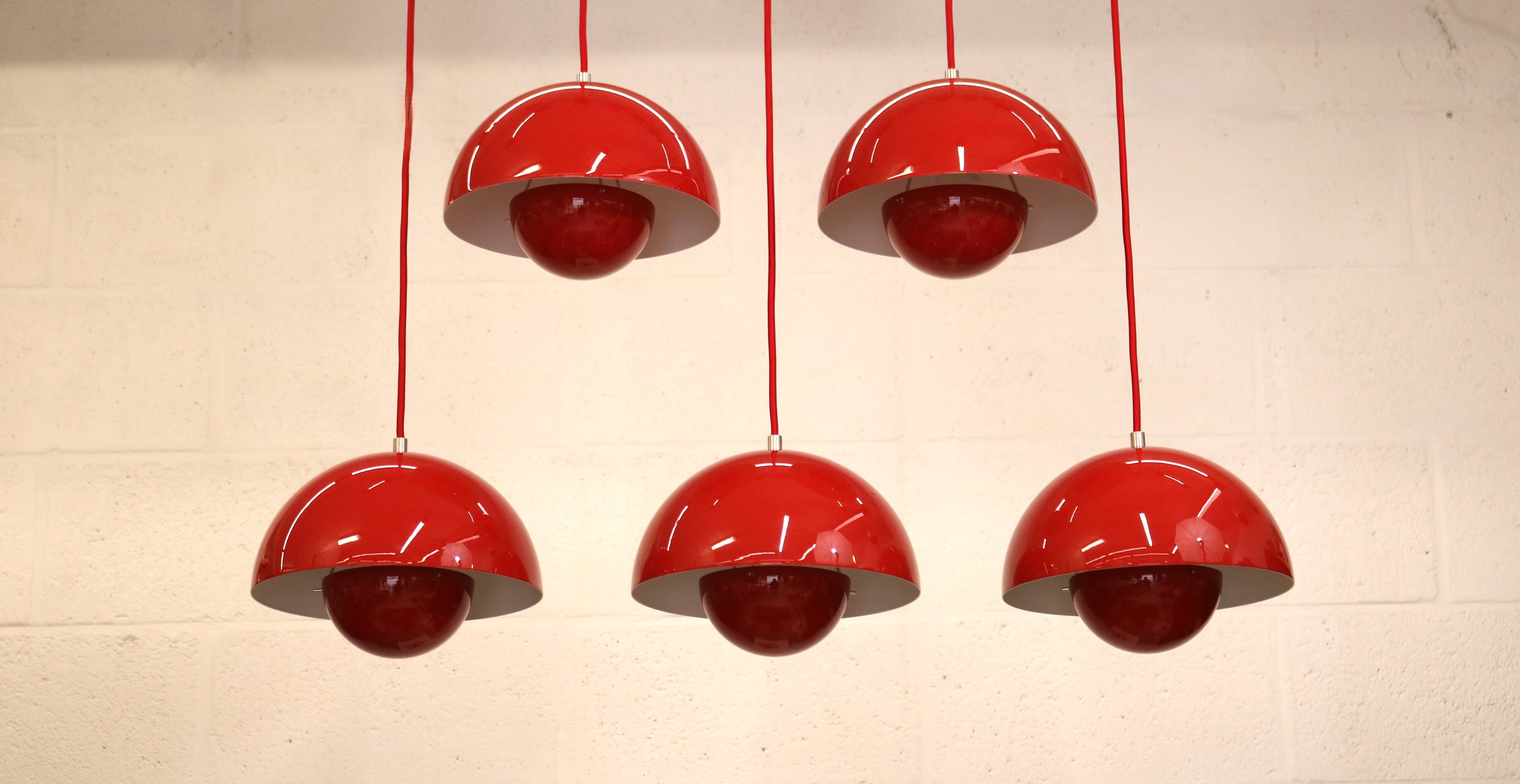 Iconic VP1 cherry red enamel flowerpot lamps designed by Verner Panton - &t