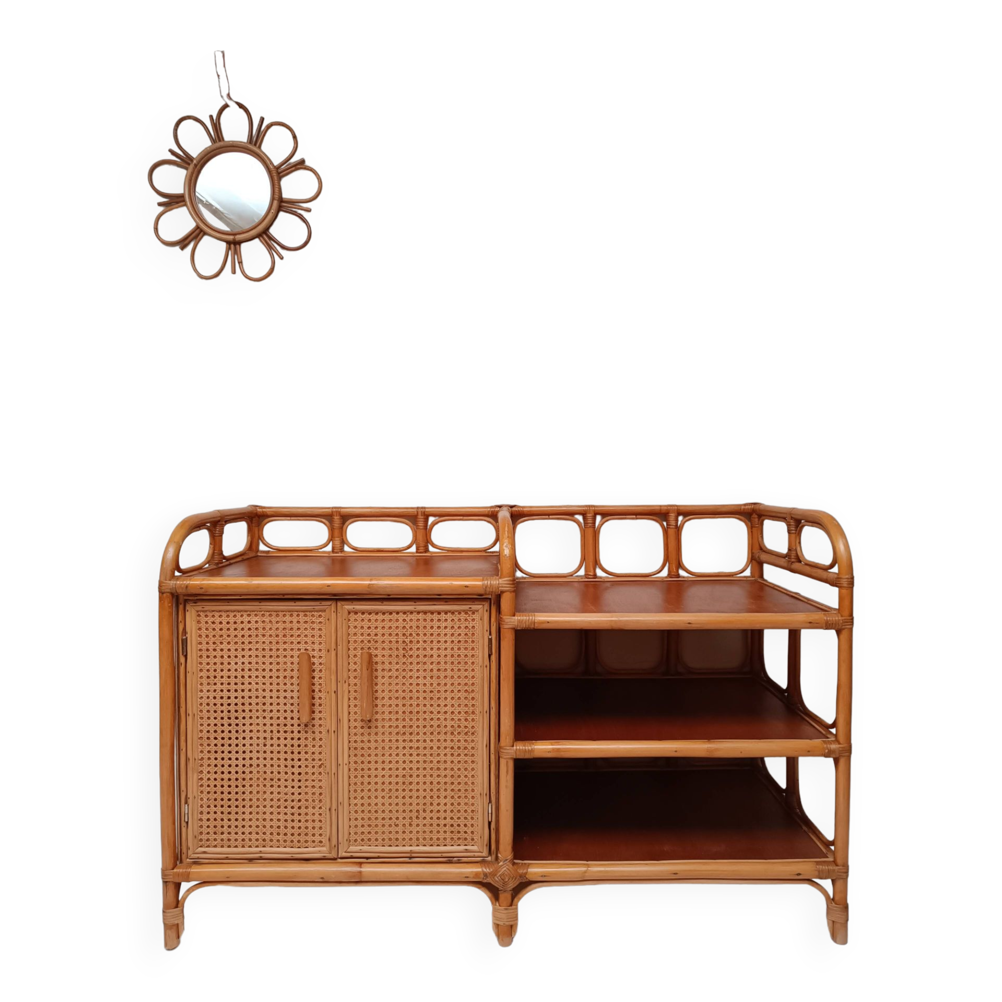 Vintage cane rattan and wood sideboard
