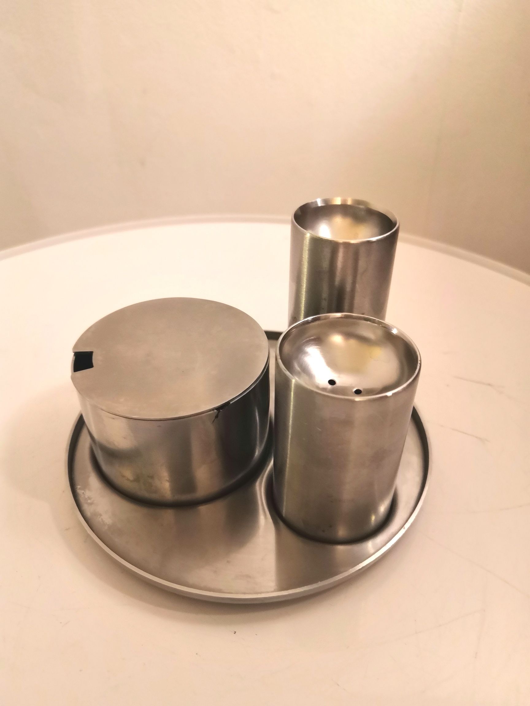 Ménagère salt, pepper and mustard "cylinda" by Arne Jacobsen for Stelton, 1960