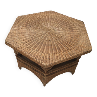 Table basse octogonale osier rotin année 60- 70