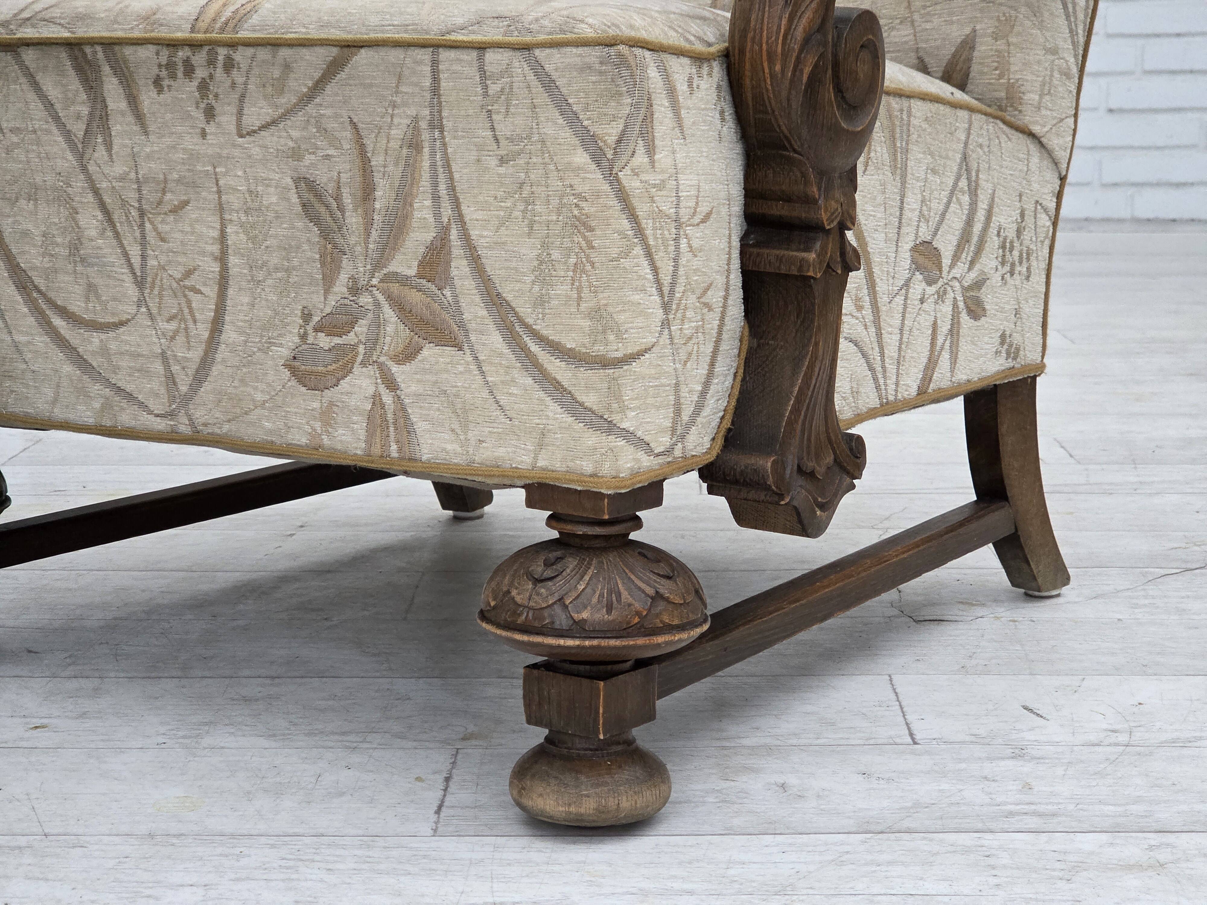 1960s, Danish armchair, beige/brown furniture fabric, carved oak wood.